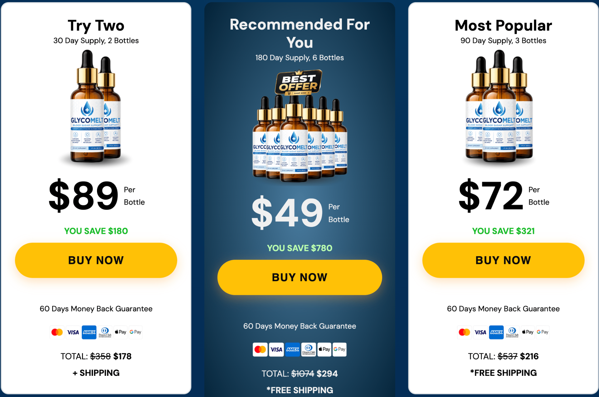 GlycoMelt pricing packages — try two, 6 bottle best value, 3 bottle popular